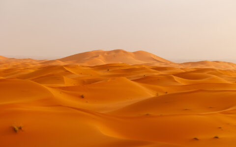 Panoramic landscape views of Erg Chebbi sand dunes located in Morocco on the western edge of the Sahara Desert